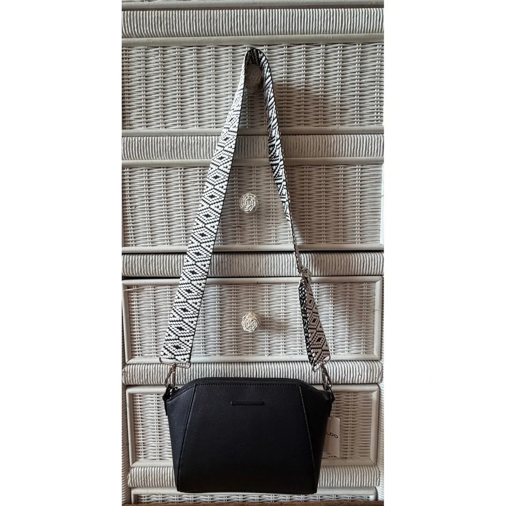 Aldo Black Saffiano Crossbody Bag with Woven Geometric Guitar Strap NEW